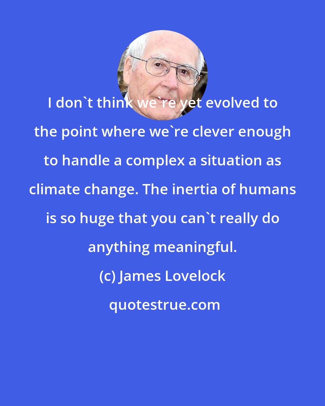 James Lovelock: I don't think we're yet evolved to the point where we're clever enough to handle a complex a situation as climate change. The inertia of humans is so huge that you can't really do anything meaningful.