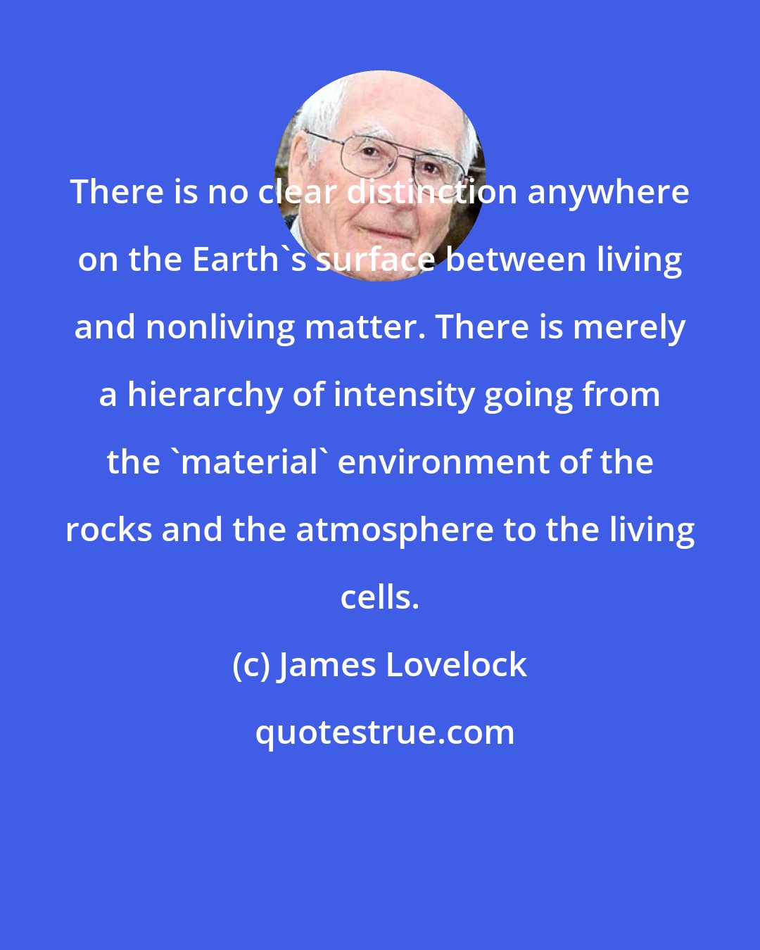 James Lovelock: There is no clear distinction anywhere on the Earth's surface between living and nonliving matter. There is merely a hierarchy of intensity going from the 'material' environment of the rocks and the atmosphere to the living cells.