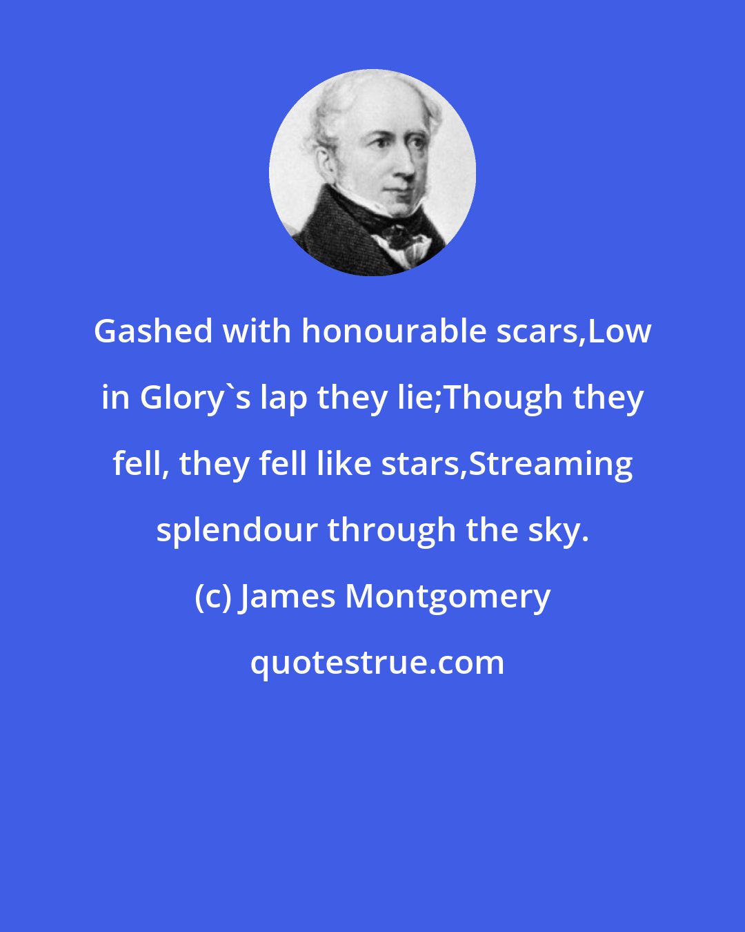 James Montgomery: Gashed with honourable scars,Low in Glory's lap they lie;Though they fell, they fell like stars,Streaming splendour through the sky.