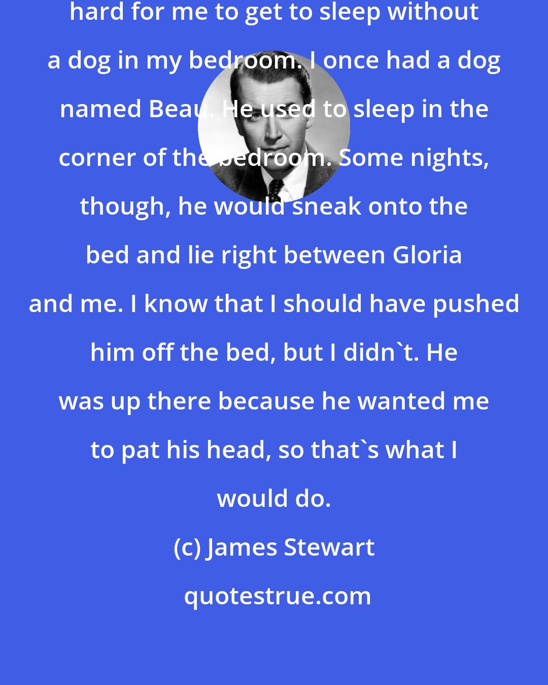 James Stewart: The truth is that it's just really hard for me to get to sleep without a dog in my bedroom. I once had a dog named Beau. He used to sleep in the corner of the bedroom. Some nights, though, he would sneak onto the bed and lie right between Gloria and me. I know that I should have pushed him off the bed, but I didn't. He was up there because he wanted me to pat his head, so that's what I would do.