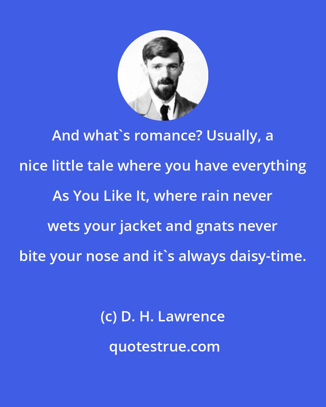 D. H. Lawrence: And what's romance? Usually, a nice little tale where you have everything As You Like It, where rain never wets your jacket and gnats never bite your nose and it's always daisy-time.