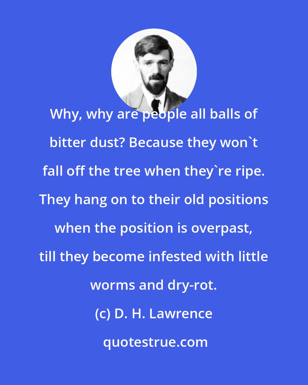 D. H. Lawrence: Why, why are people all balls of bitter dust? Because they won't fall off the tree when they're ripe. They hang on to their old positions when the position is overpast, till they become infested with little worms and dry-rot.