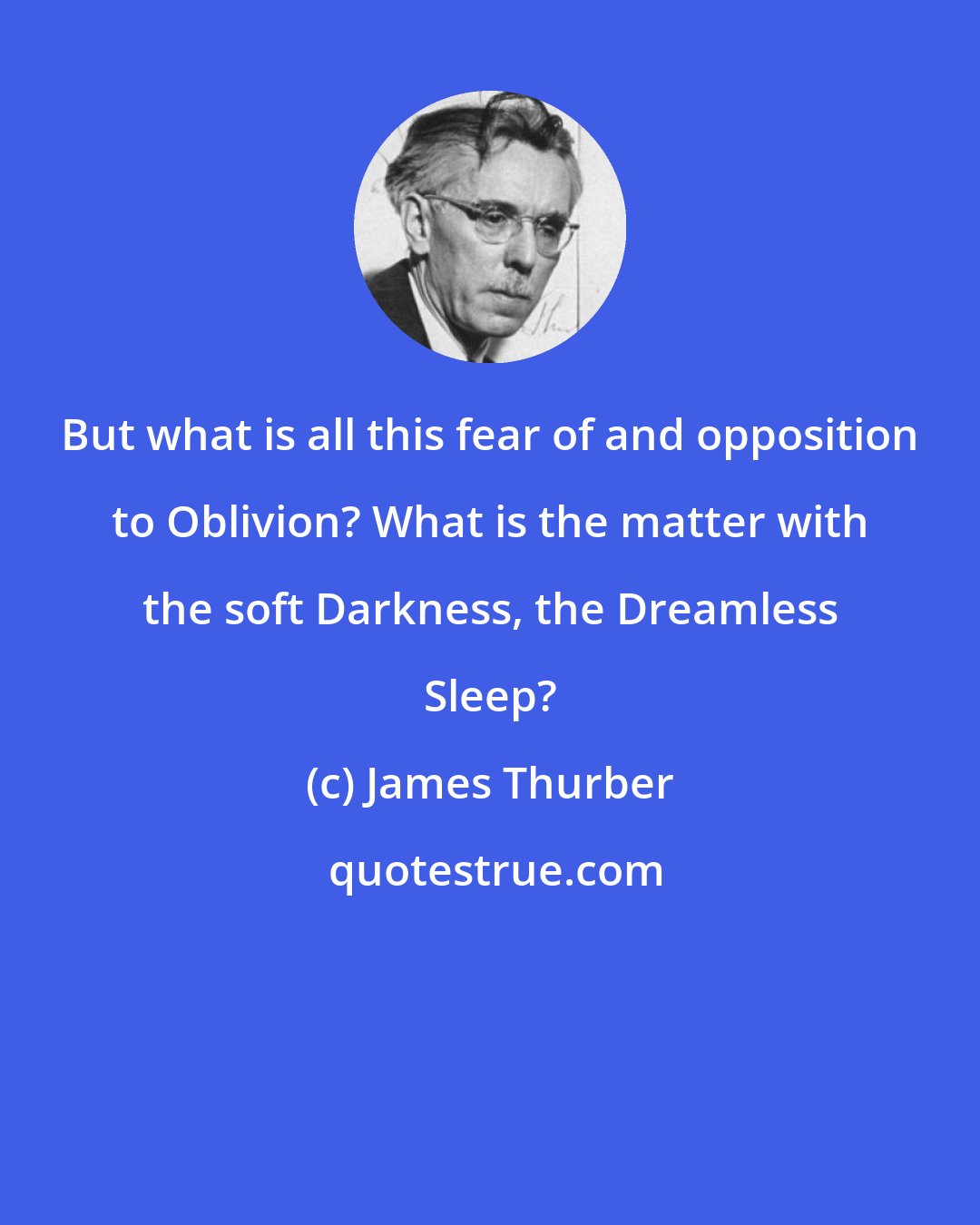 James Thurber: But what is all this fear of and opposition to Oblivion? What is the matter with the soft Darkness, the Dreamless Sleep?