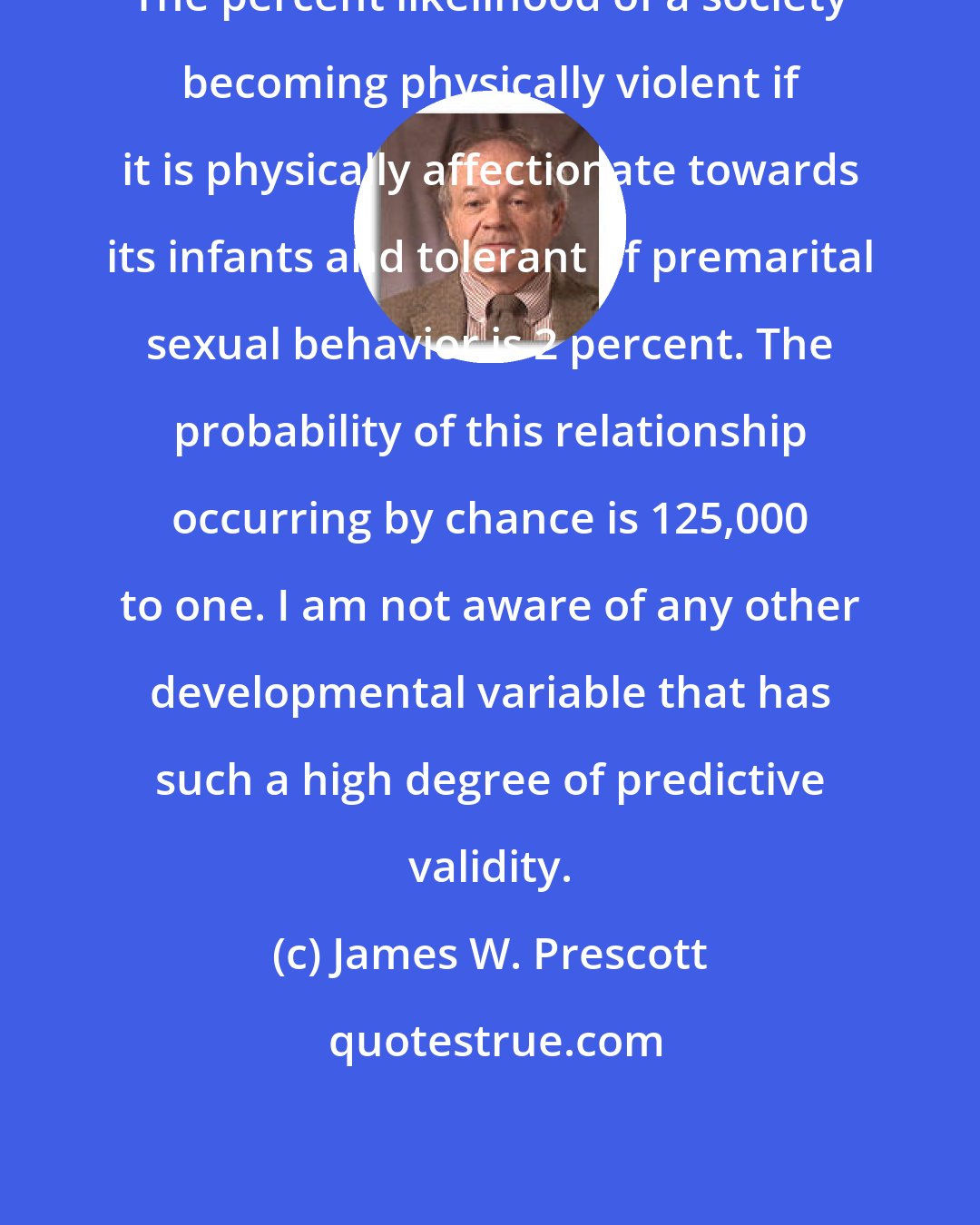 James W. Prescott: The percent likelihood of a society becoming physically violent if it is physically affectionate towards its infants and tolerant of premarital sexual behavior is 2 percent. The probability of this relationship occurring by chance is 125,000 to one. I am not aware of any other developmental variable that has such a high degree of predictive validity.