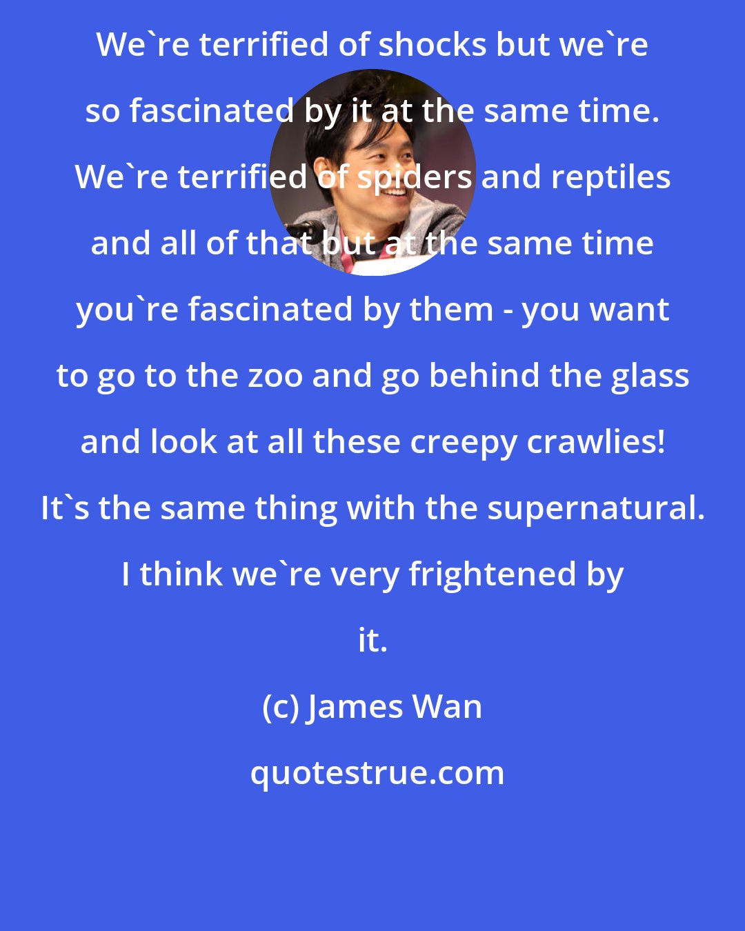 James Wan: We're terrified of shocks but we're so fascinated by it at the same time. We're terrified of spiders and reptiles and all of that but at the same time you're fascinated by them - you want to go to the zoo and go behind the glass and look at all these creepy crawlies! It's the same thing with the supernatural. I think we're very frightened by it.