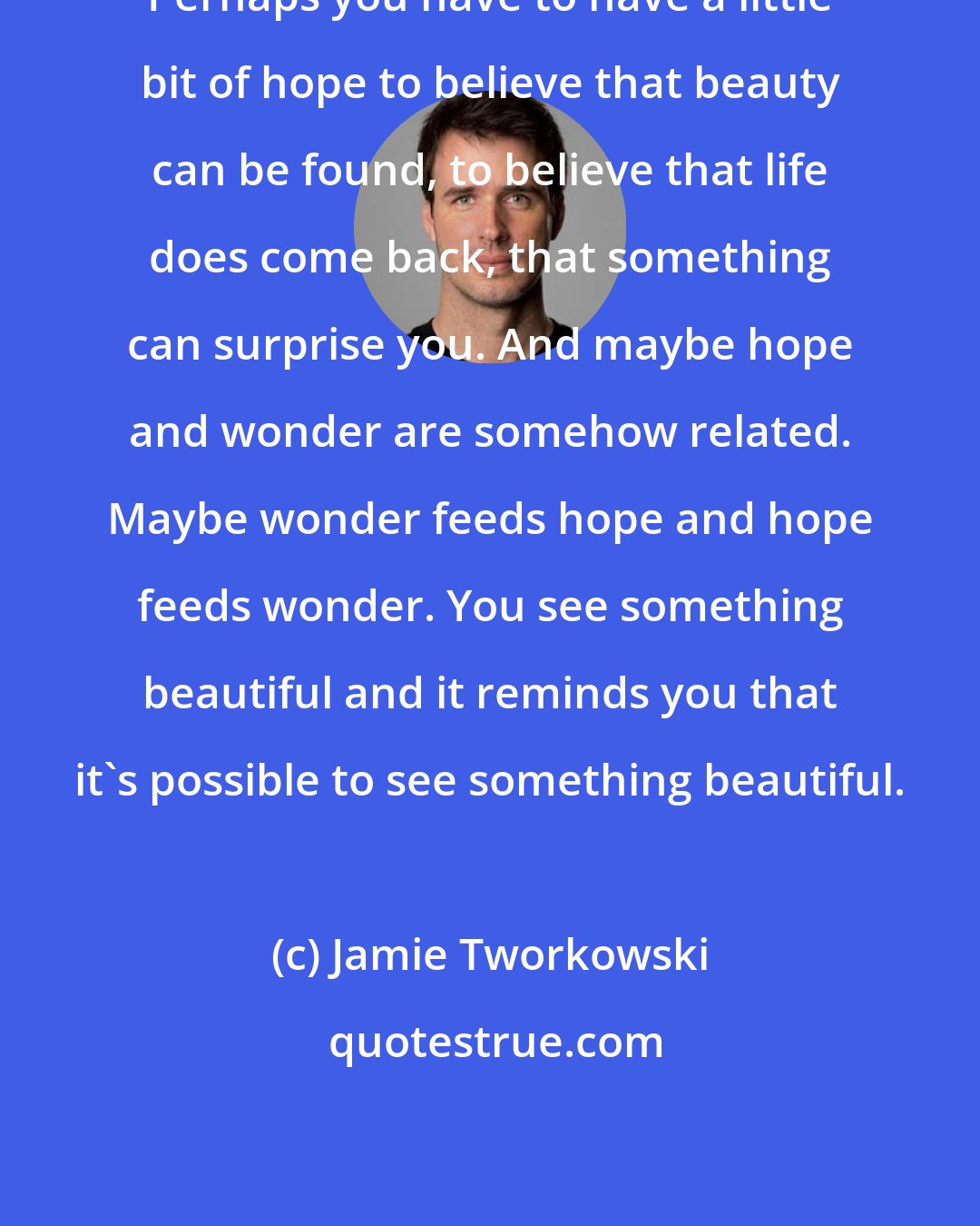 Jamie Tworkowski: Perhaps you have to have a little bit of hope to believe that beauty can be found, to believe that life does come back, that something can surprise you. And maybe hope and wonder are somehow related. Maybe wonder feeds hope and hope feeds wonder. You see something beautiful and it reminds you that it's possible to see something beautiful.