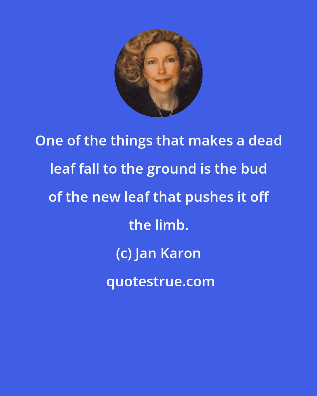 Jan Karon: One of the things that makes a dead leaf fall to the ground is the bud of the new leaf that pushes it off the limb.