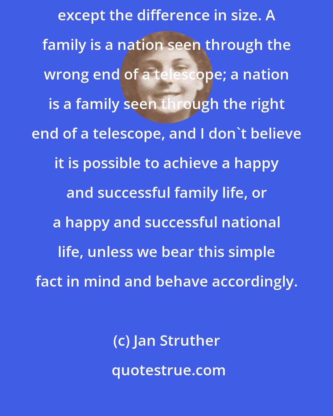 Jan Struther: there is practically no difference at all between a family and a nation, except the difference in size. A family is a nation seen through the wrong end of a telescope; a nation is a family seen through the right end of a telescope, and I don't believe it is possible to achieve a happy and successful family life, or a happy and successful national life, unless we bear this simple fact in mind and behave accordingly.