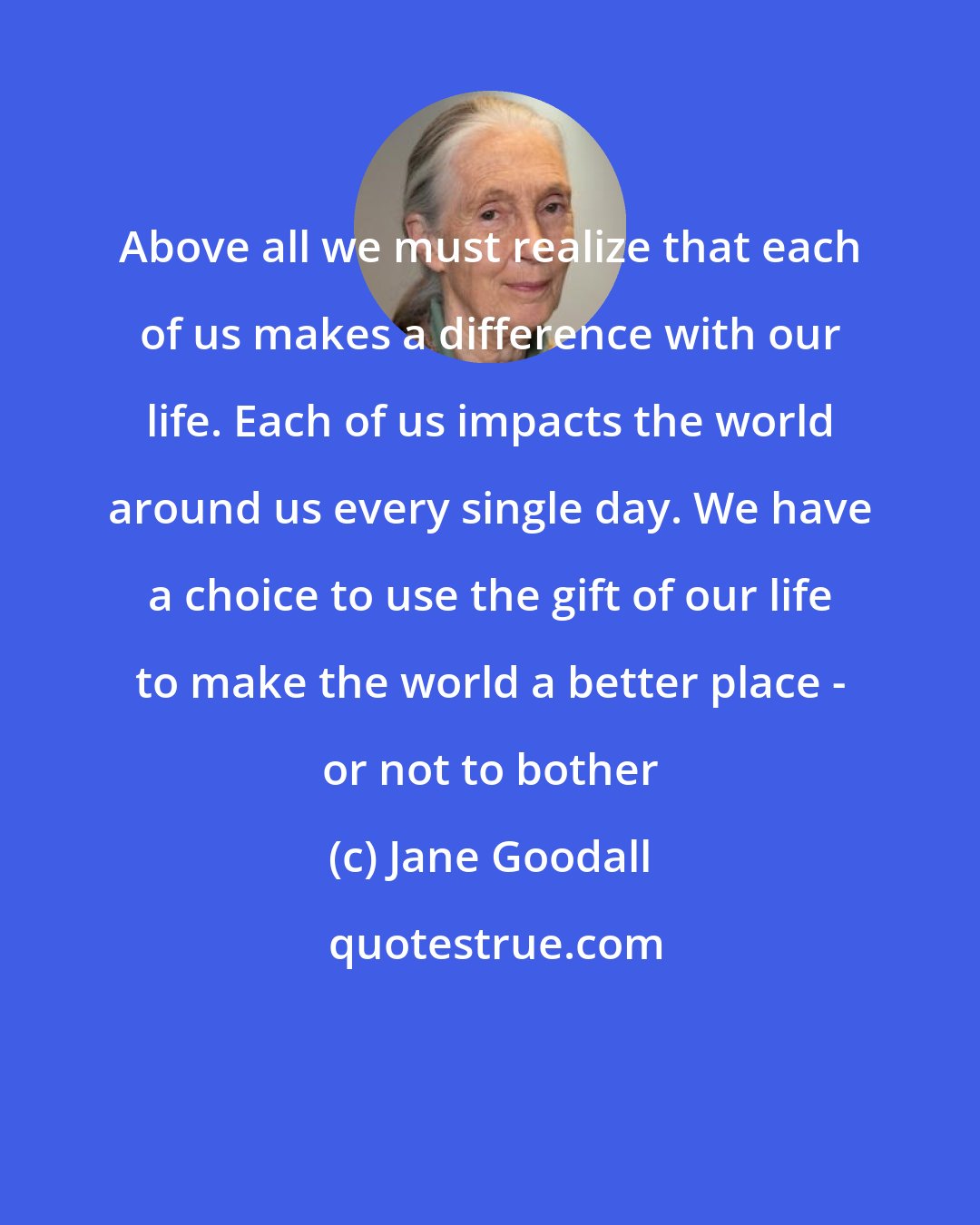 Jane Goodall: Above all we must realize that each of us makes a difference with our life. Each of us impacts the world around us every single day. We have a choice to use the gift of our life to make the world a better place - or not to bother