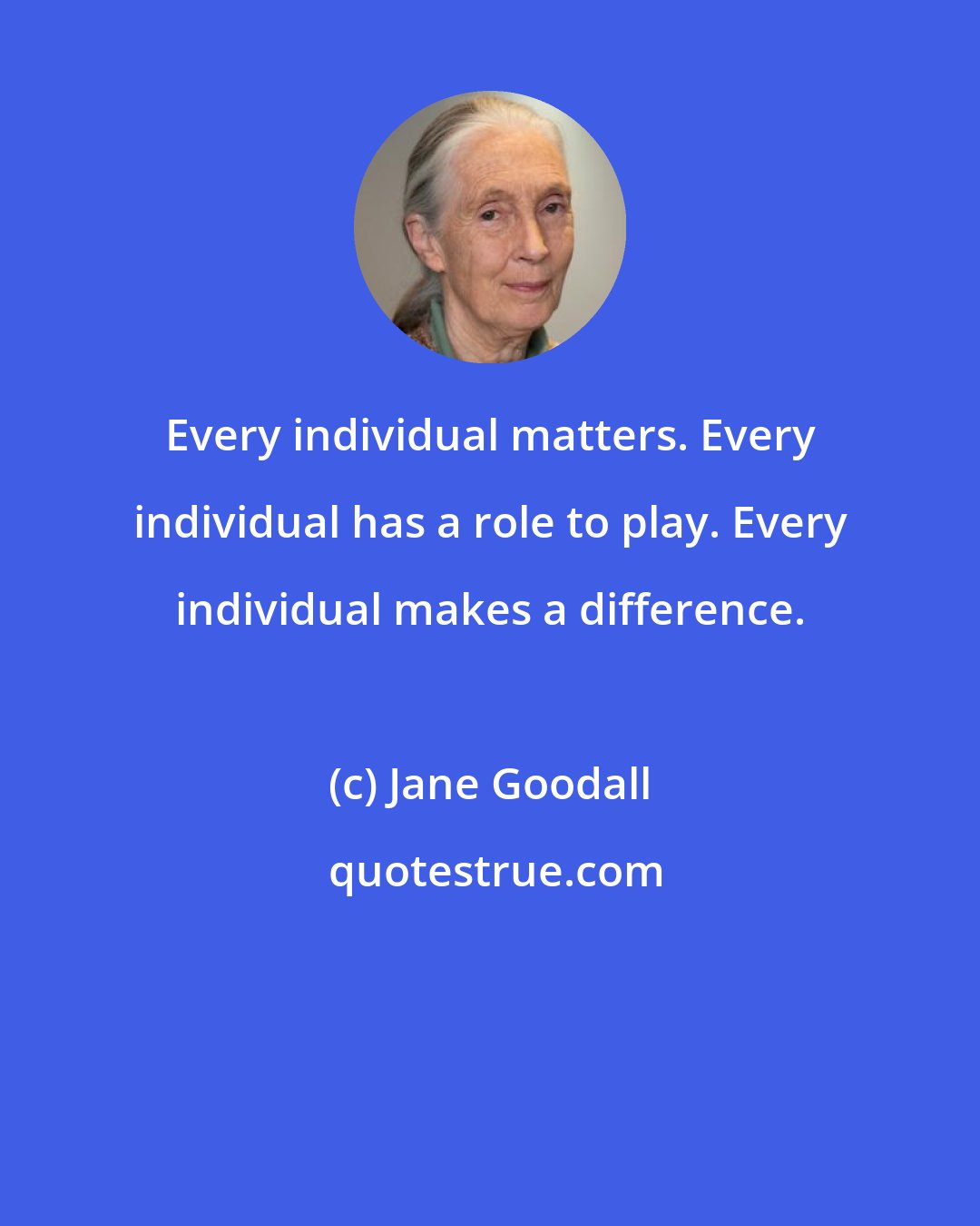 Jane Goodall: Every individual matters. Every individual has a role to play. Every individual makes a difference.