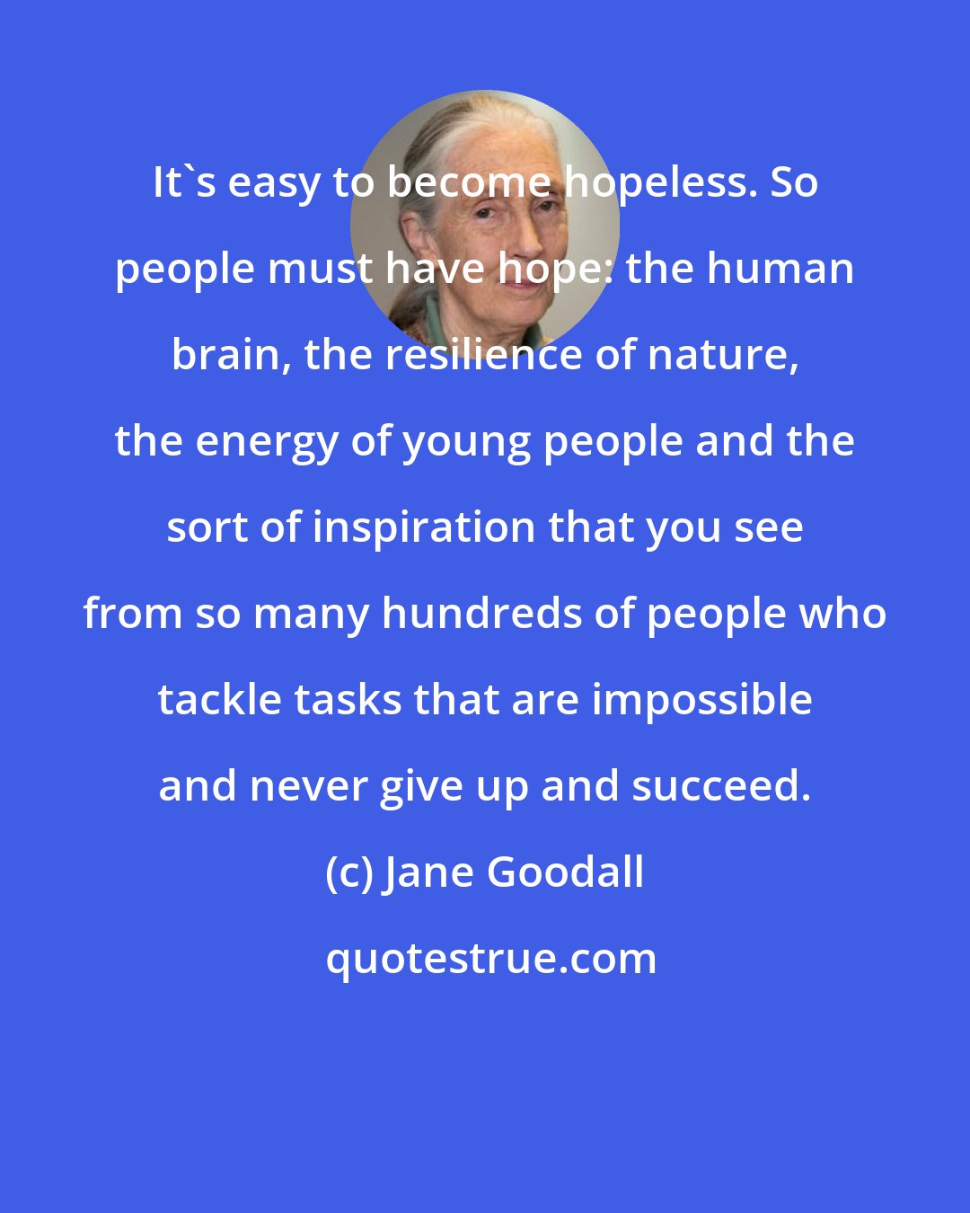 Jane Goodall: It's easy to become hopeless. So people must have hope: the human brain, the resilience of nature, the energy of young people and the sort of inspiration that you see from so many hundreds of people who tackle tasks that are impossible and never give up and succeed.