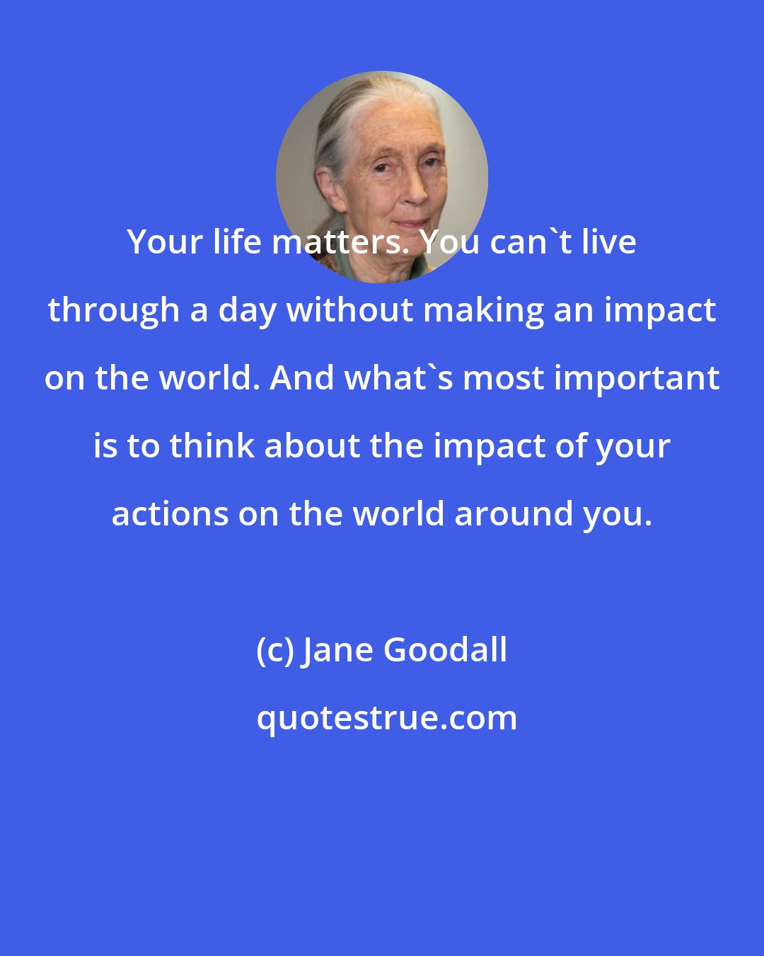 Jane Goodall: Your life matters. You can't live through a day without making an impact on the world. And what's most important is to think about the impact of your actions on the world around you.