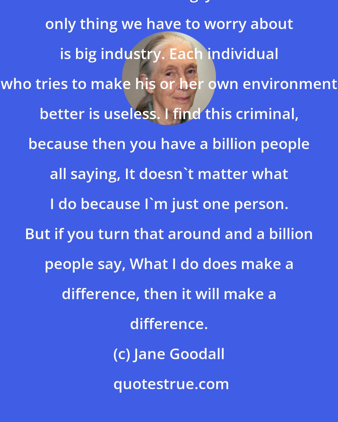 Jane Goodall: A book came out recently written by scientists and environmentalists that made me so angry. It said the only thing we have to worry about is big industry. Each individual who tries to make his or her own environment better is useless. I find this criminal, because then you have a billion people all saying, It doesn't matter what I do because I'm just one person. But if you turn that around and a billion people say, What I do does make a difference, then it will make a difference.