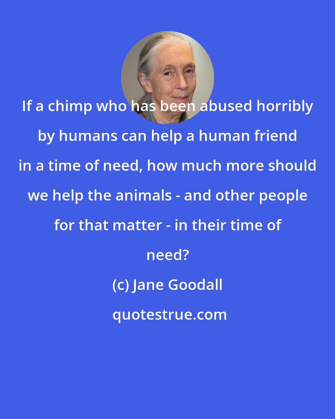 Jane Goodall: If a chimp who has been abused horribly by humans can help a human friend in a time of need, how much more should we help the animals - and other people for that matter - in their time of need?