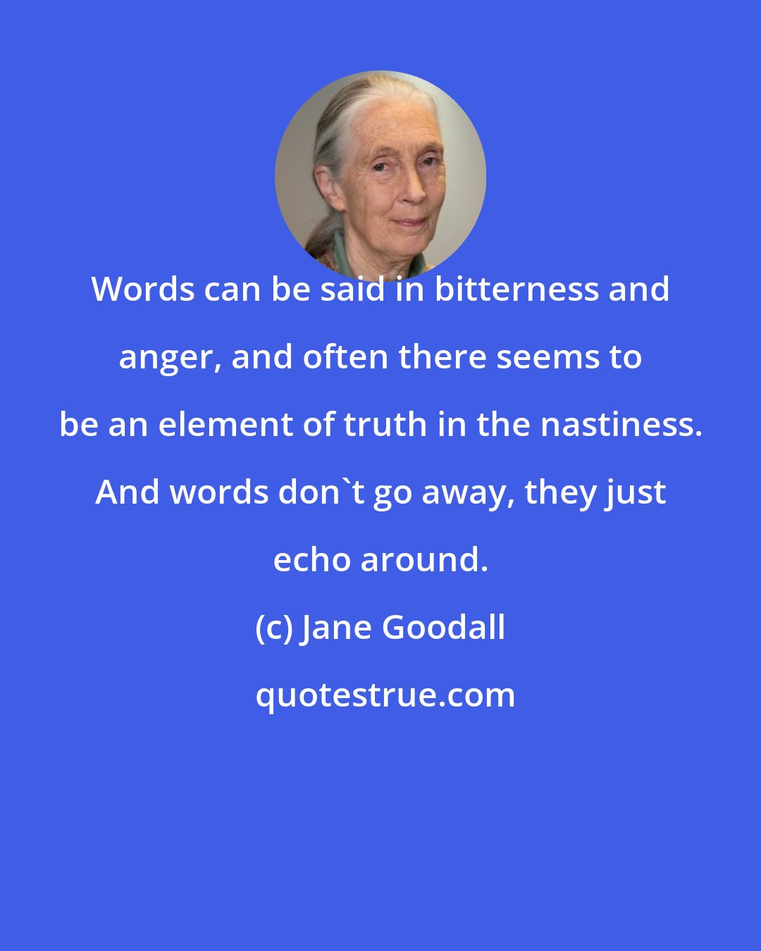 Jane Goodall: Words can be said in bitterness and anger, and often there seems to be an element of truth in the nastiness. And words don't go away, they just echo around.