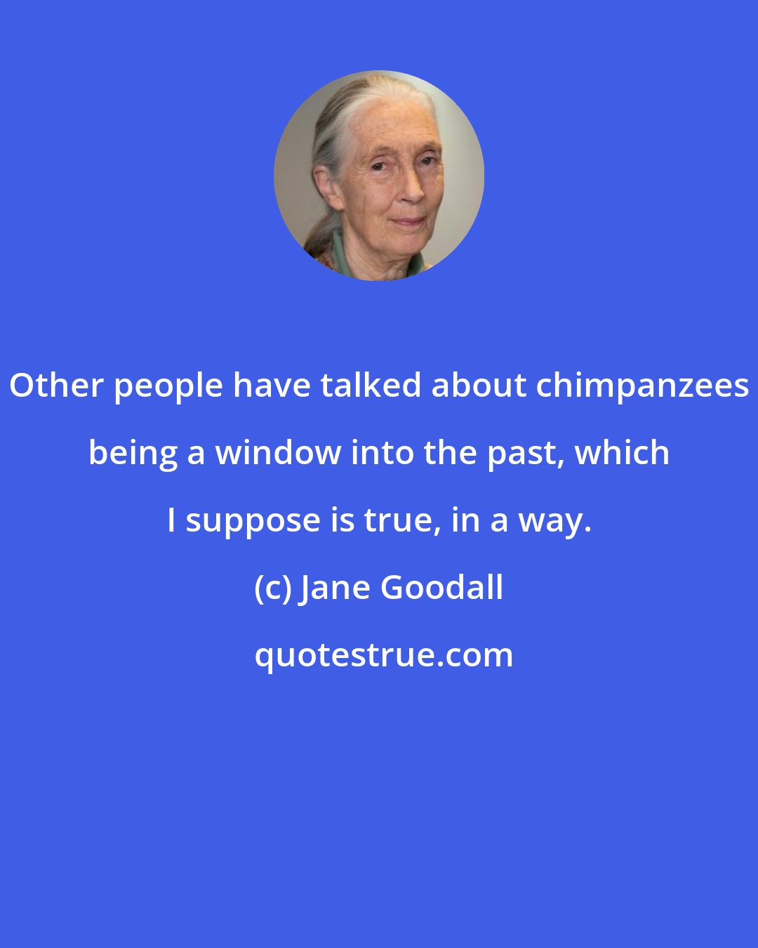 Jane Goodall: Other people have talked about chimpanzees being a window into the past, which I suppose is true, in a way.