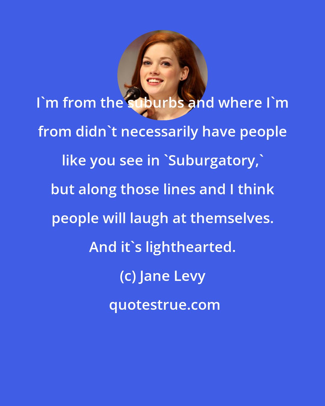 Jane Levy: I'm from the suburbs and where I'm from didn't necessarily have people like you see in 'Suburgatory,' but along those lines and I think people will laugh at themselves. And it's lighthearted.