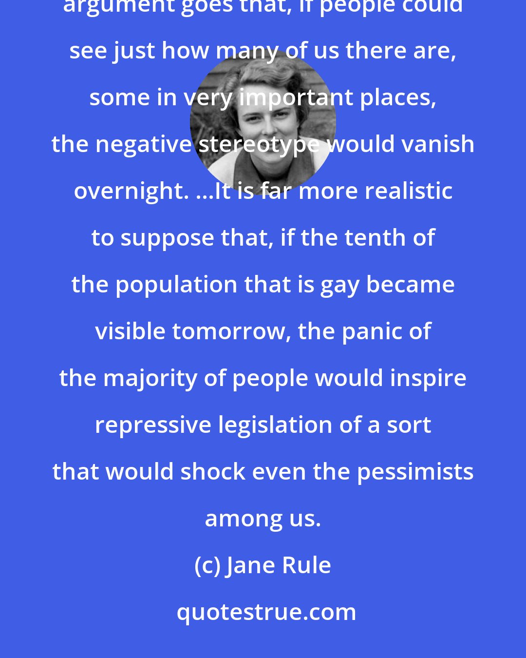 Jane Rule: Coming out, all the way out, is offered more and more as the political solution to our oppression. The argument goes that, if people could see just how many of us there are, some in very important places, the negative stereotype would vanish overnight. ...It is far more realistic to suppose that, if the tenth of the population that is gay became visible tomorrow, the panic of the majority of people would inspire repressive legislation of a sort that would shock even the pessimists among us.
