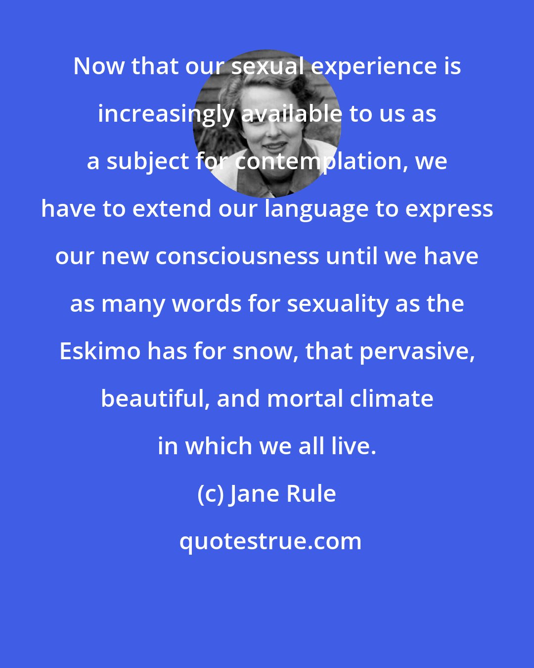Jane Rule: Now that our sexual experience is increasingly available to us as a subject for contemplation, we have to extend our language to express our new consciousness until we have as many words for sexuality as the Eskimo has for snow, that pervasive, beautiful, and mortal climate in which we all live.