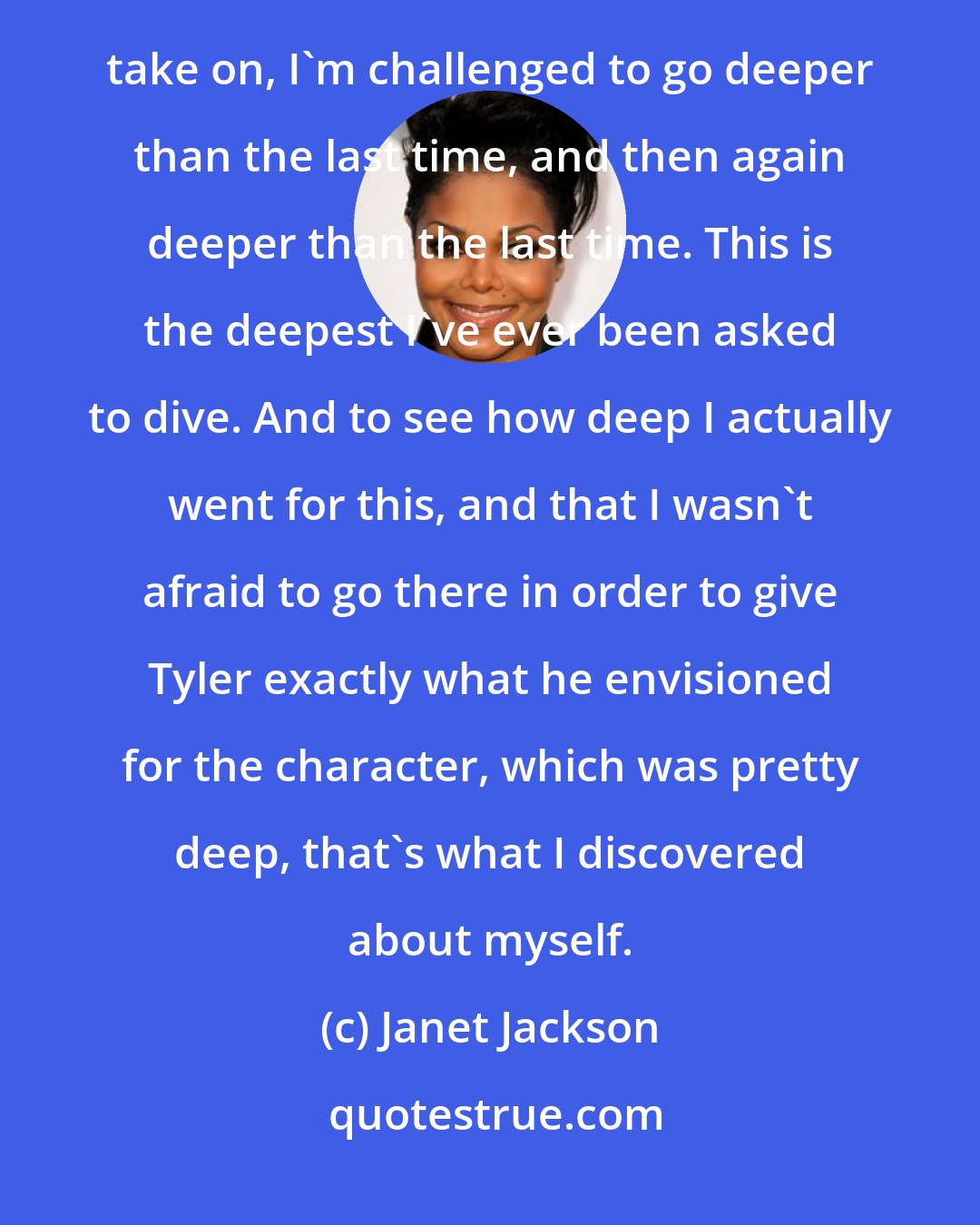 Janet Jackson: I always knew that I could go deep. How deep? I don't know. But it always seems that with each character I take on, I'm challenged to go deeper than the last time, and then again deeper than the last time. This is the deepest I've ever been asked to dive. And to see how deep I actually went for this, and that I wasn't afraid to go there in order to give Tyler exactly what he envisioned for the character, which was pretty deep, that's what I discovered about myself.