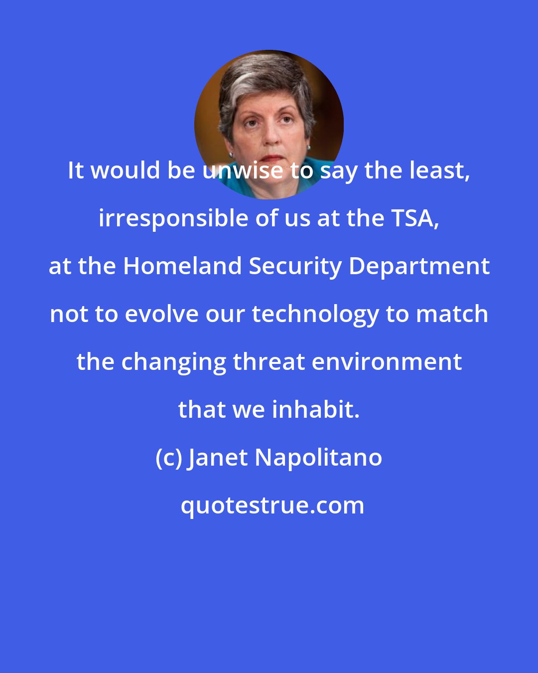 Janet Napolitano: It would be unwise to say the least, irresponsible of us at the TSA, at the Homeland Security Department not to evolve our technology to match the changing threat environment that we inhabit.