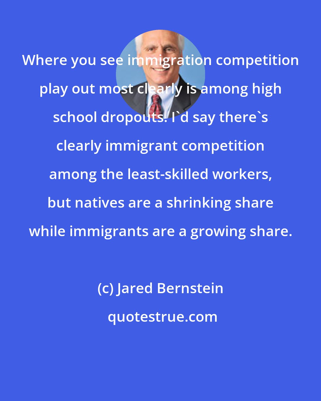 Jared Bernstein: Where you see immigration competition play out most clearly is among high school dropouts. I'd say there's clearly immigrant competition among the least-skilled workers, but natives are a shrinking share while immigrants are a growing share.