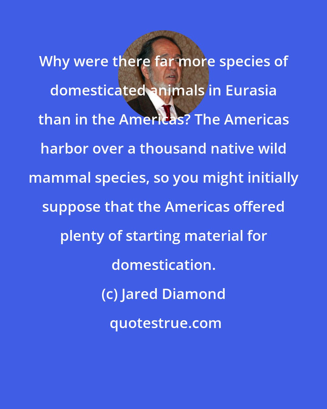 Jared Diamond: Why were there far more species of domesticated animals in Eurasia than in the Americas? The Americas harbor over a thousand native wild mammal species, so you might initially suppose that the Americas offered plenty of starting material for domestication.