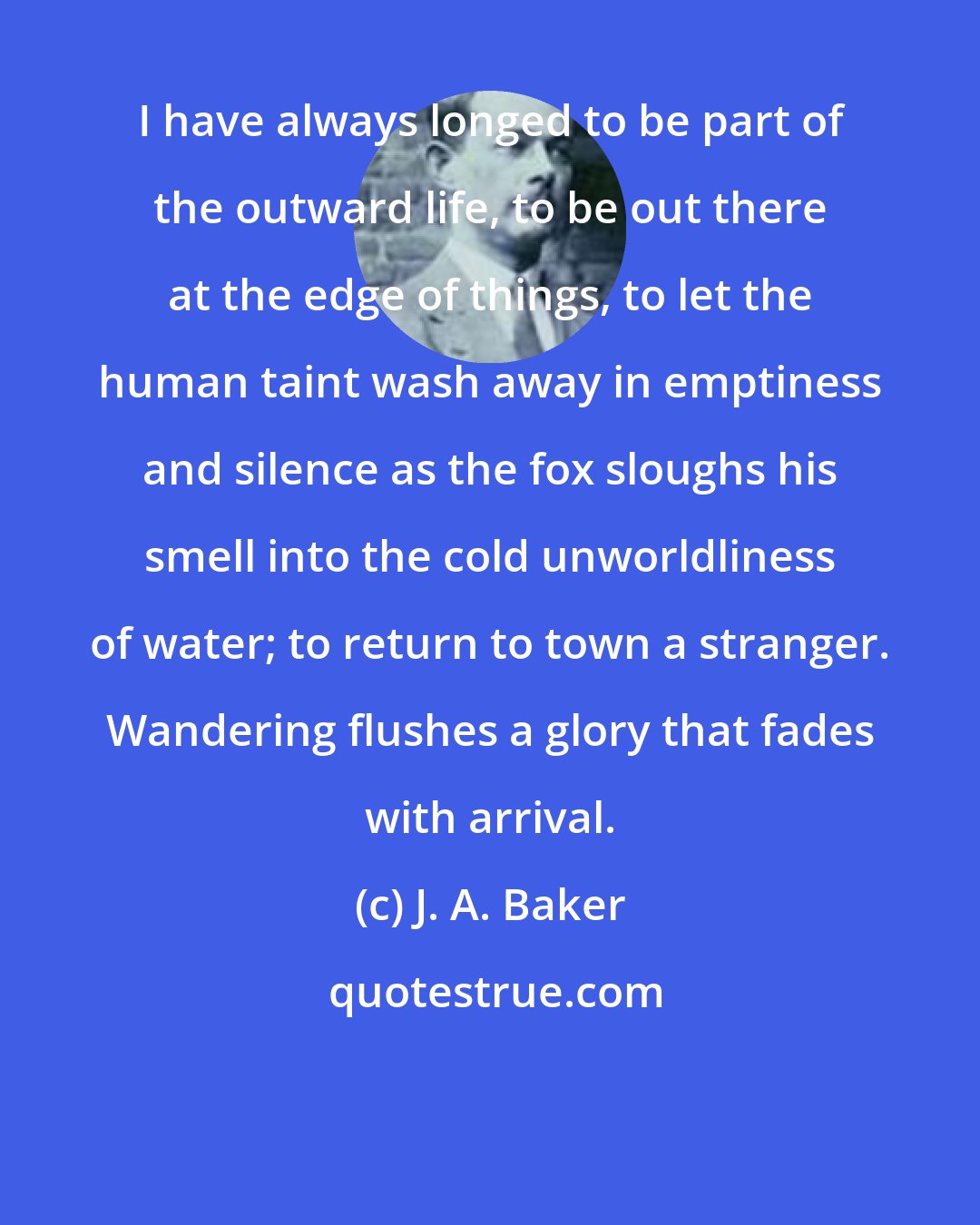 J. A. Baker: I have always longed to be part of the outward life, to be out there at the edge of things, to let the human taint wash away in emptiness and silence as the fox sloughs his smell into the cold unworldliness of water; to return to town a stranger. Wandering flushes a glory that fades with arrival.