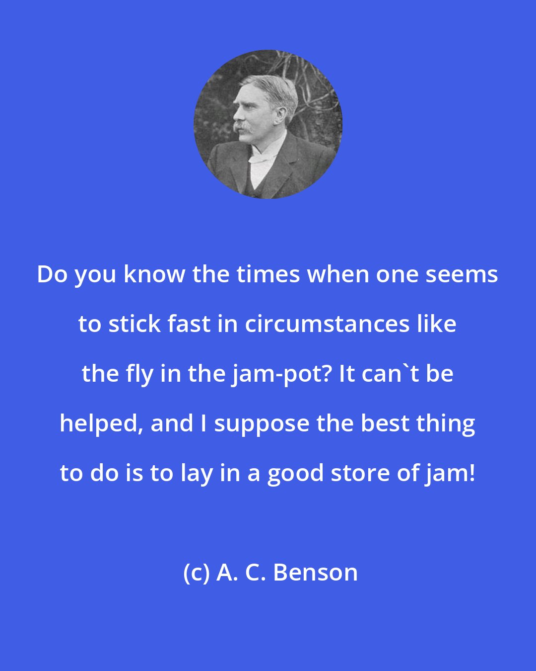 A. C. Benson: Do you know the times when one seems to stick fast in circumstances like the fly in the jam-pot? It can't be helped, and I suppose the best thing to do is to lay in a good store of jam!