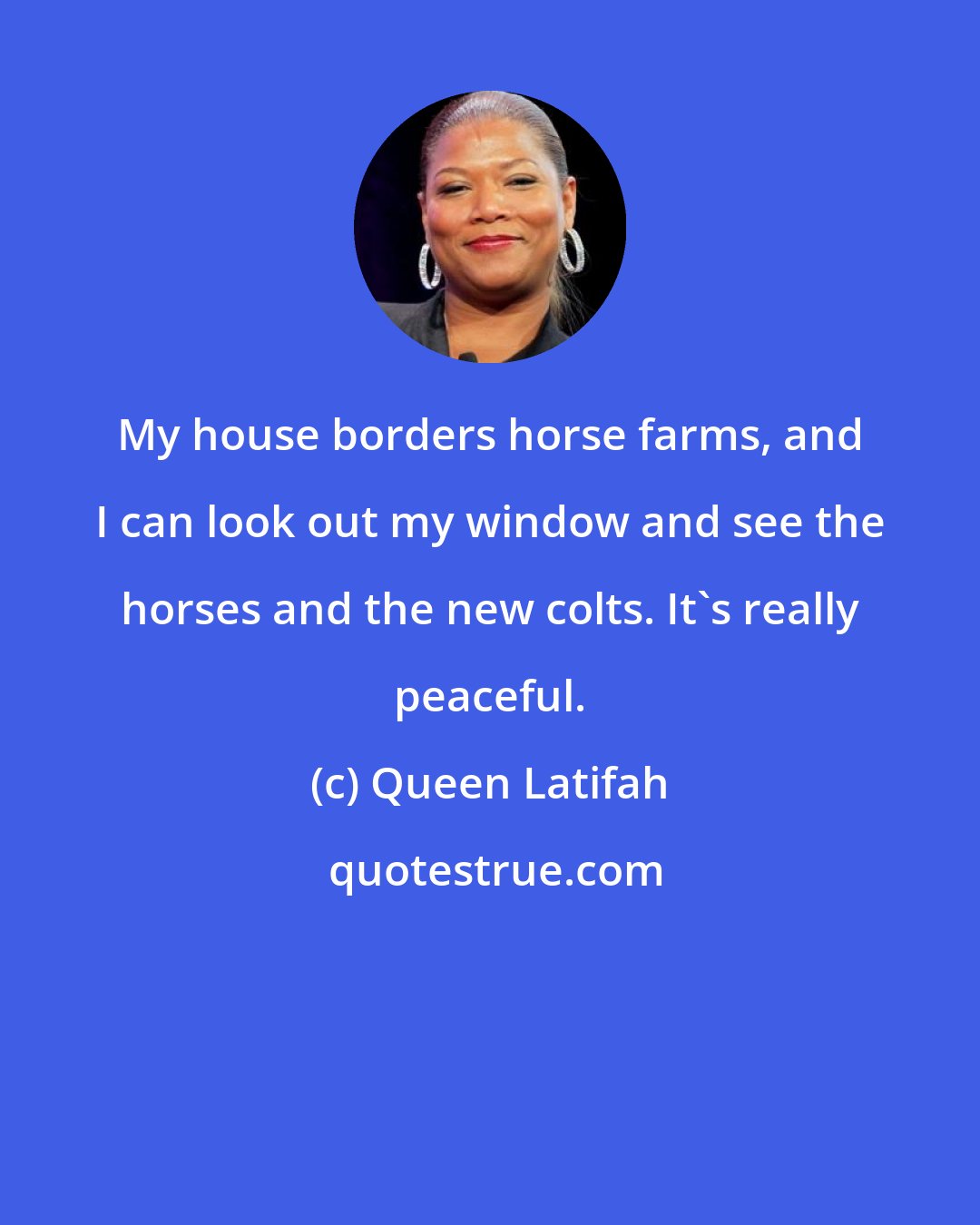 Queen Latifah: My house borders horse farms, and I can look out my window and see the horses and the new colts. It's really peaceful.