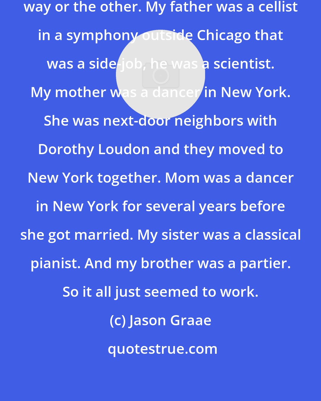 Jason Graae: My whole family is in the arts some way or the other. My father was a cellist in a symphony outside Chicago that was a side-job, he was a scientist. My mother was a dancer in New York. She was next-door neighbors with Dorothy Loudon and they moved to New York together. Mom was a dancer in New York for several years before she got married. My sister was a classical pianist. And my brother was a partier. So it all just seemed to work.