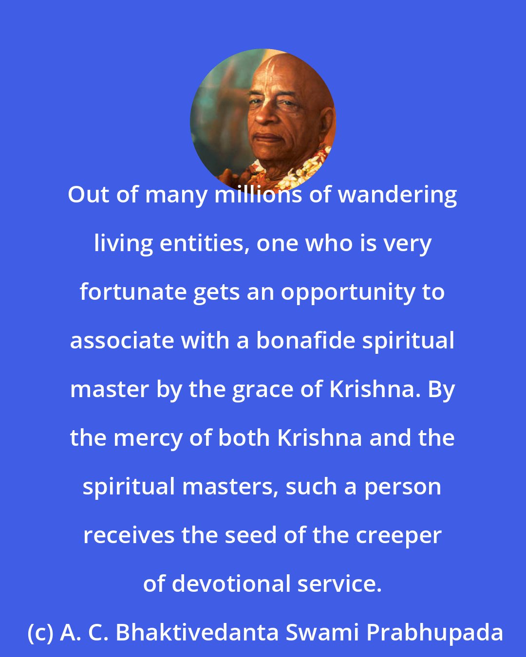 A. C. Bhaktivedanta Swami Prabhupada: Out of many millions of wandering living entities, one who is very fortunate gets an opportunity to associate with a bonafide spiritual master by the grace of Krishna. By the mercy of both Krishna and the spiritual masters, such a person receives the seed of the creeper of devotional service.