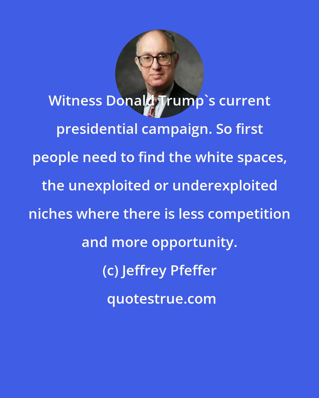 Jeffrey Pfeffer: Witness Donald Trump's current presidential campaign. So first people need to find the white spaces, the unexploited or underexploited niches where there is less competition and more opportunity.