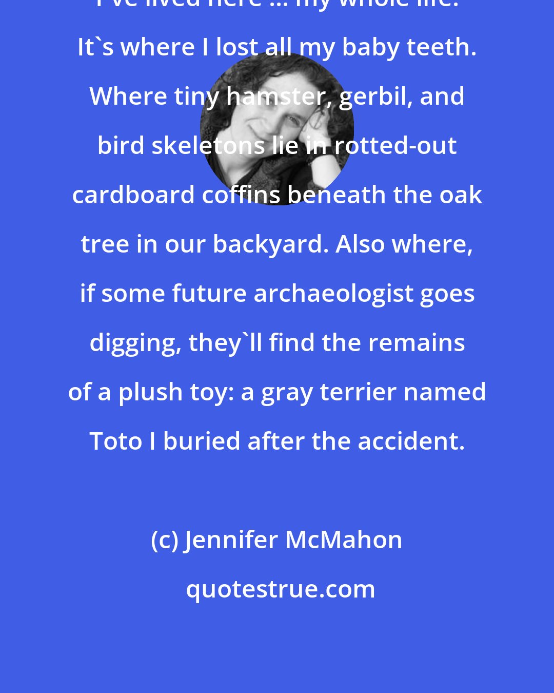 Jennifer McMahon: I've lived here ... my whole life. It's where I lost all my baby teeth. Where tiny hamster, gerbil, and bird skeletons lie in rotted-out cardboard coffins beneath the oak tree in our backyard. Also where, if some future archaeologist goes digging, they'll find the remains of a plush toy: a gray terrier named Toto I buried after the accident.