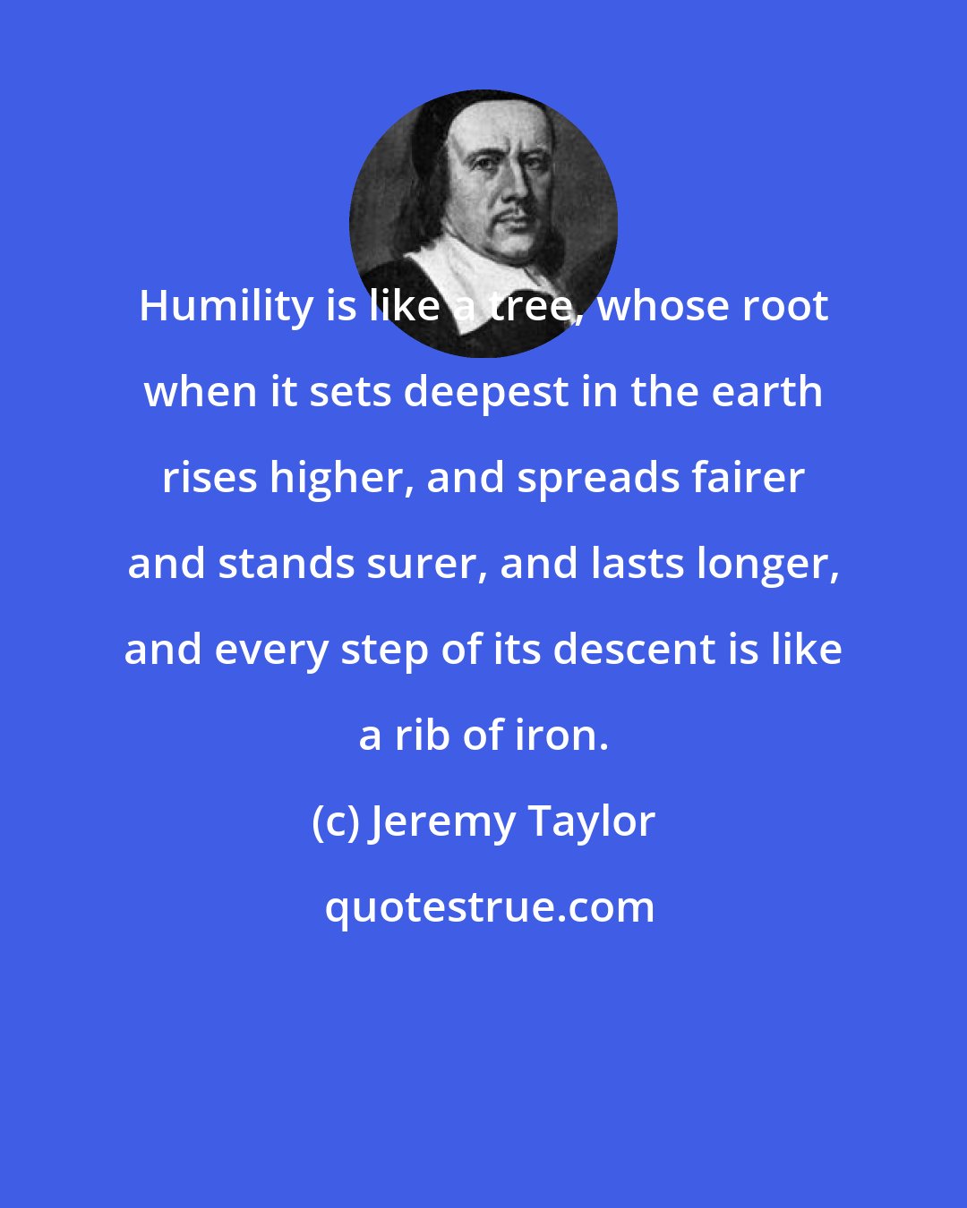 Jeremy Taylor: Humility is like a tree, whose root when it sets deepest in the earth rises higher, and spreads fairer and stands surer, and lasts longer, and every step of its descent is like a rib of iron.