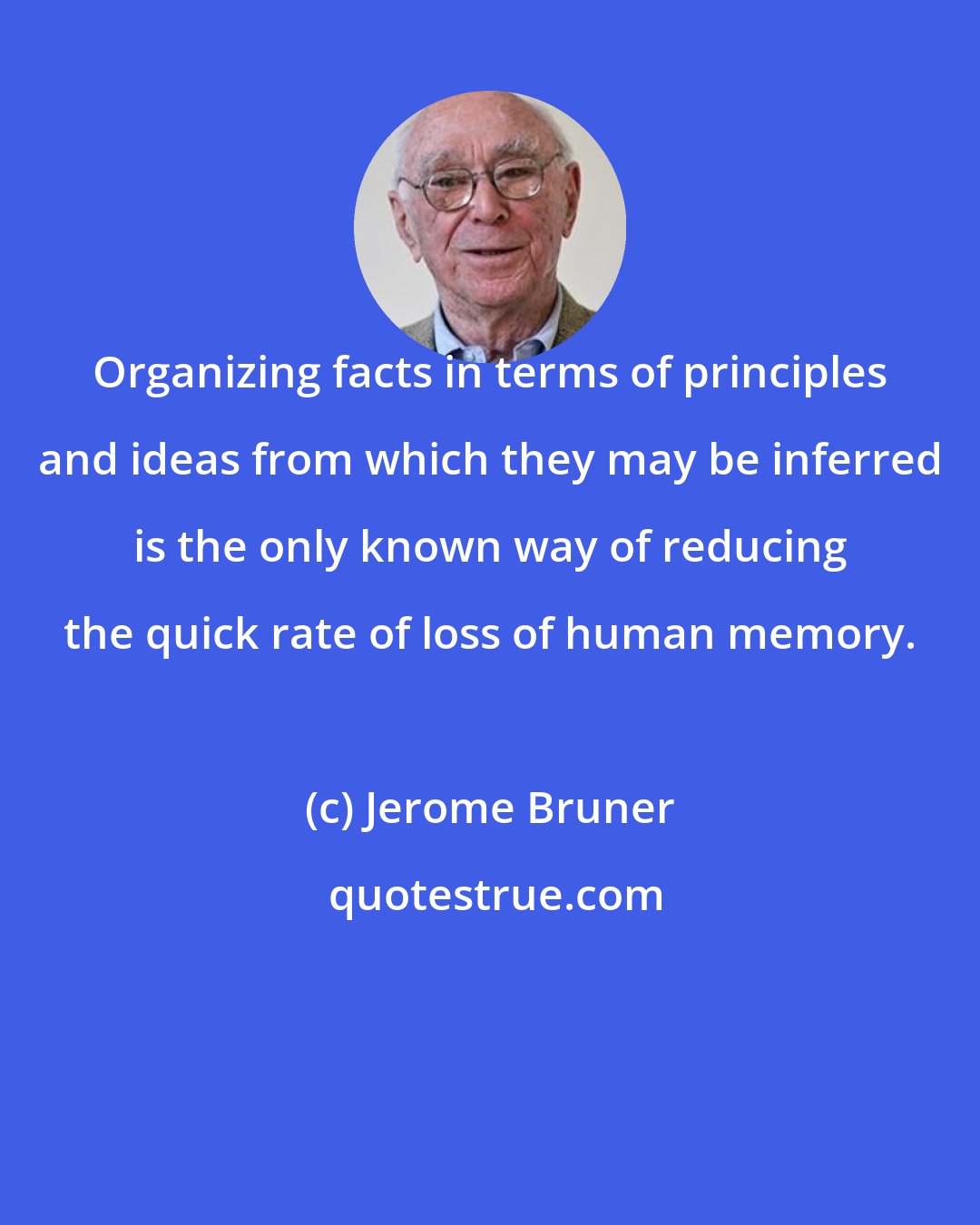 Jerome Bruner: Organizing facts in terms of principles and ideas from which they may be inferred is the only known way of reducing the quick rate of loss of human memory.