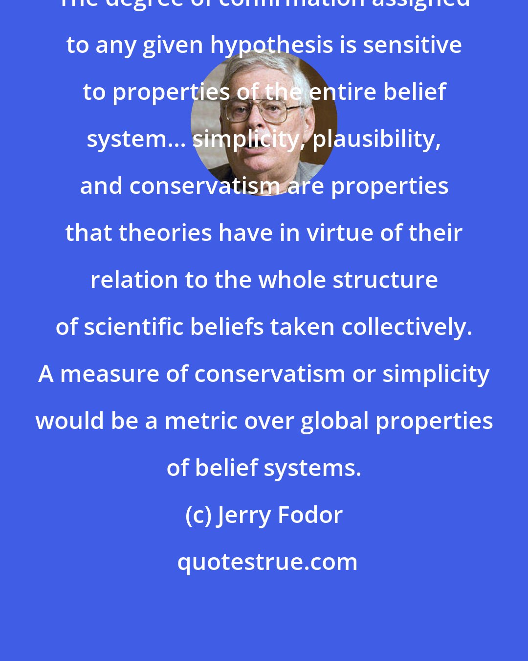 Jerry Fodor: The degree of confirmation assigned to any given hypothesis is sensitive to properties of the entire belief system... simplicity, plausibility, and conservatism are properties that theories have in virtue of their relation to the whole structure of scientific beliefs taken collectively. A measure of conservatism or simplicity would be a metric over global properties of belief systems.