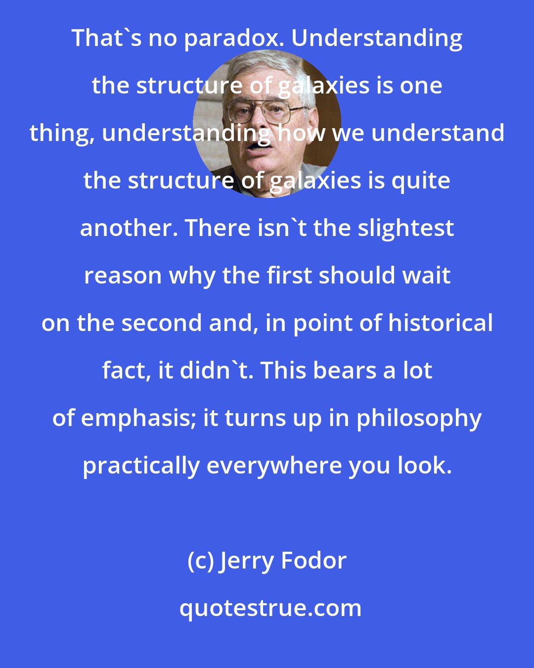 Jerry Fodor: There are lots of cases where we know more about how the world works than we do about how we know how it works. That's no paradox. Understanding the structure of galaxies is one thing, understanding how we understand the structure of galaxies is quite another. There isn't the slightest reason why the first should wait on the second and, in point of historical fact, it didn't. This bears a lot of emphasis; it turns up in philosophy practically everywhere you look.