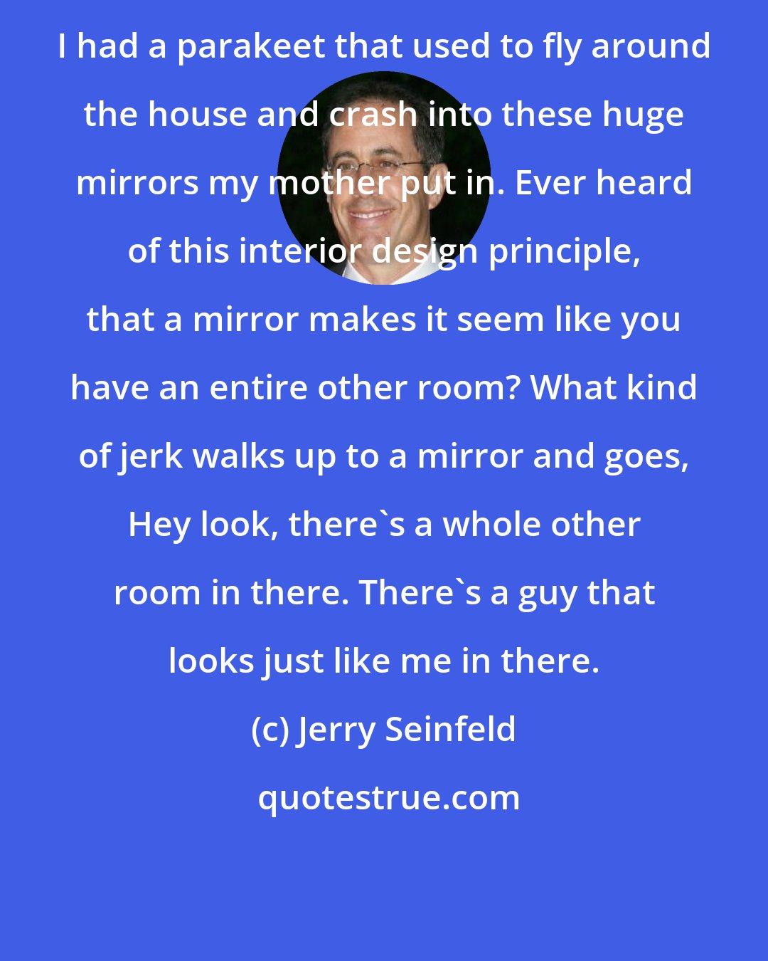 Jerry Seinfeld: I had a parakeet that used to fly around the house and crash into these huge mirrors my mother put in. Ever heard of this interior design principle, that a mirror makes it seem like you have an entire other room? What kind of jerk walks up to a mirror and goes, Hey look, there's a whole other room in there. There's a guy that looks just like me in there.