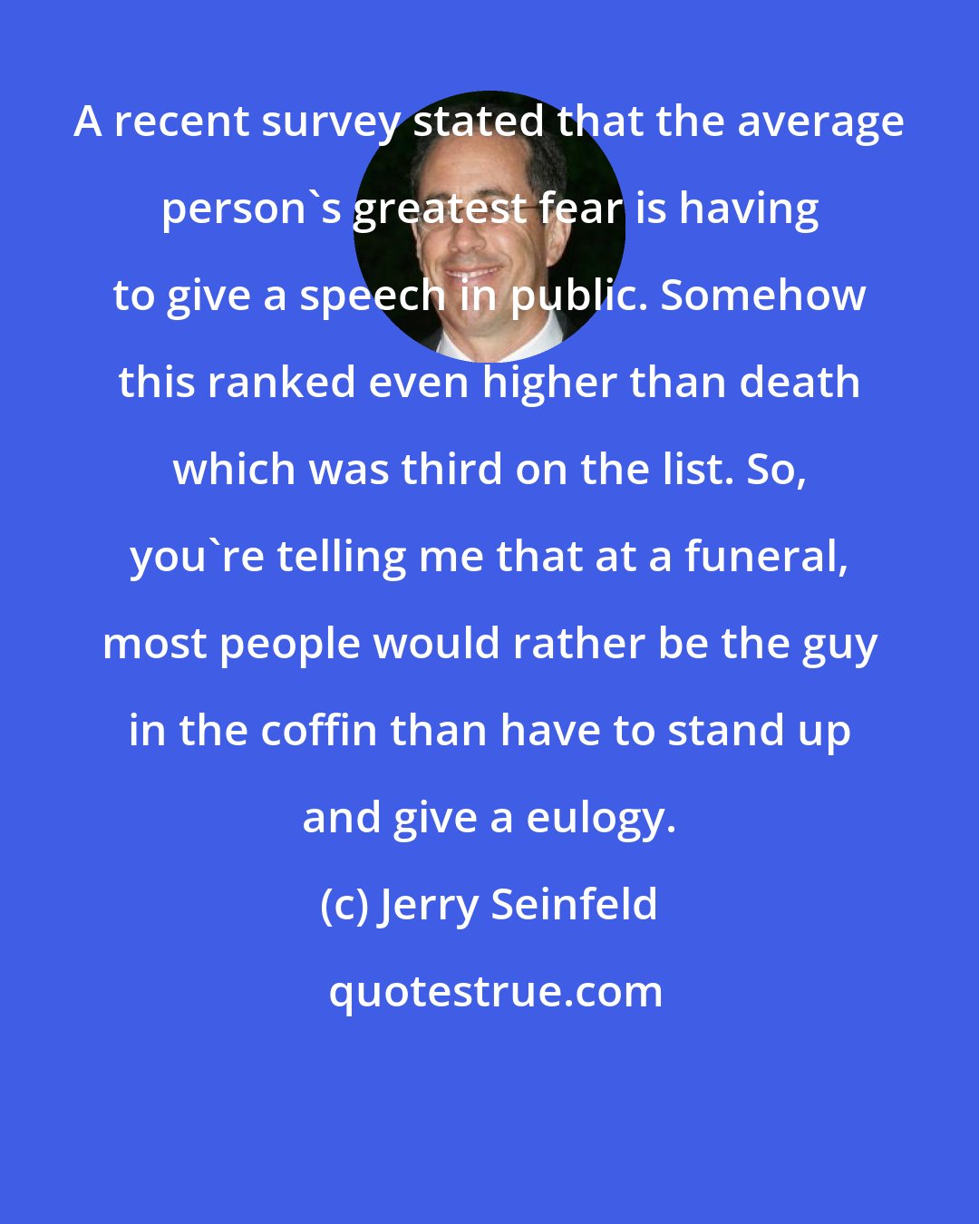 Jerry Seinfeld: A recent survey stated that the average person's greatest fear is having to give a speech in public. Somehow this ranked even higher than death which was third on the list. So, you're telling me that at a funeral, most people would rather be the guy in the coffin than have to stand up and give a eulogy.