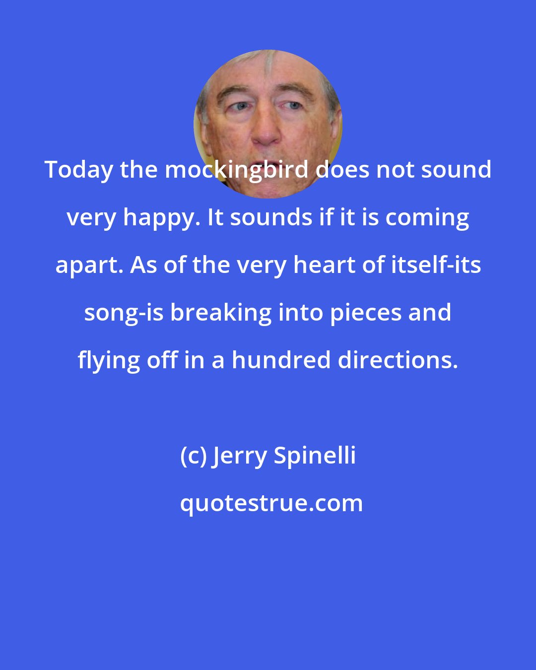 Jerry Spinelli: Today the mockingbird does not sound very happy. It sounds if it is coming apart. As of the very heart of itself-its song-is breaking into pieces and flying off in a hundred directions.