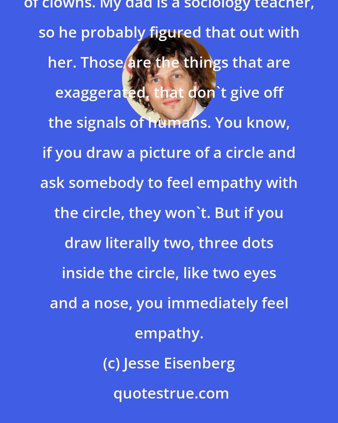 Jesse Eisenberg: My mom always said that she didn't wear a red nose and big shoes because that's the reason people are scared of clowns. My dad is a sociology teacher, so he probably figured that out with her. Those are the things that are exaggerated, that don't give off the signals of humans. You know, if you draw a picture of a circle and ask somebody to feel empathy with the circle, they won't. But if you draw literally two, three dots inside the circle, like two eyes and a nose, you immediately feel empathy.