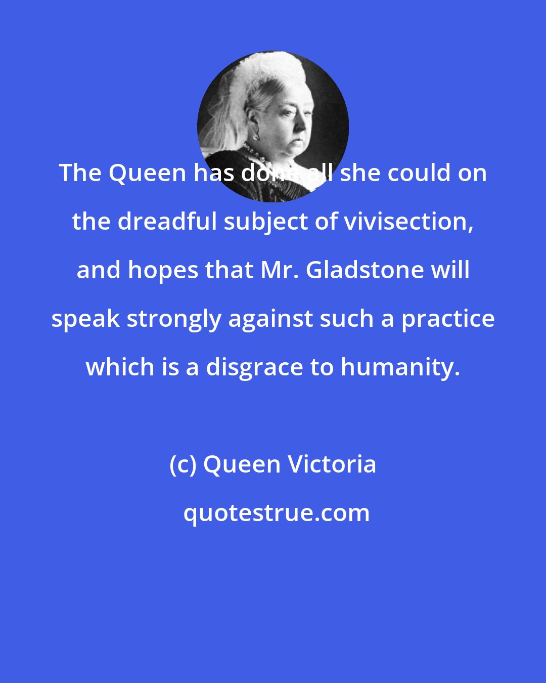 Queen Victoria: The Queen has done all she could on the dreadful subject of vivisection, and hopes that Mr. Gladstone will speak strongly against such a practice which is a disgrace to humanity.