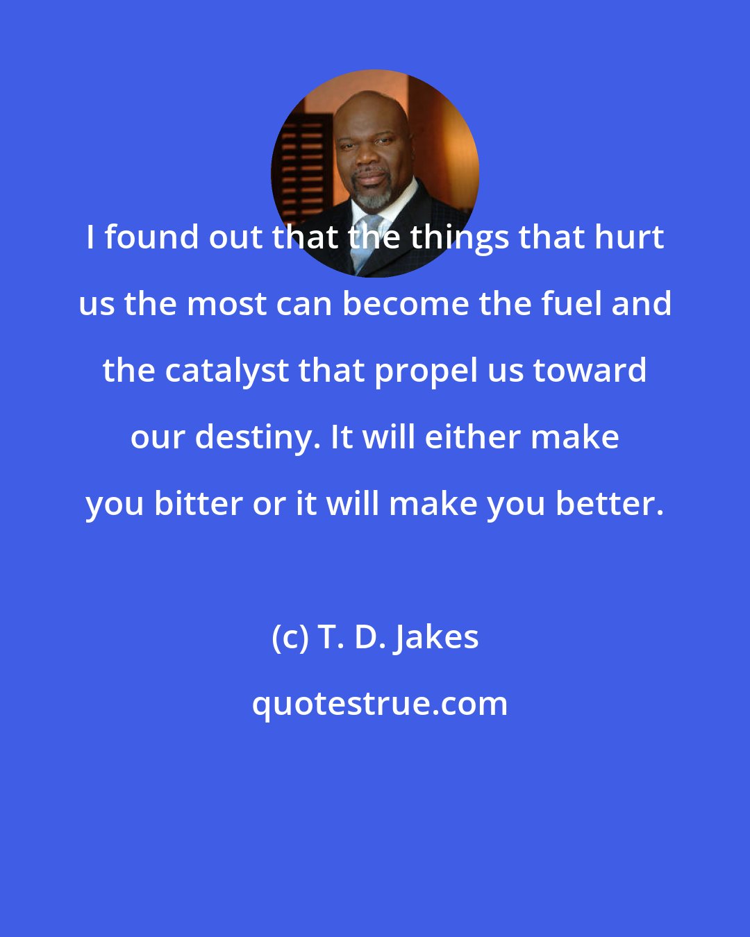 T. D. Jakes: I found out that the things that hurt us the most can become the fuel and the catalyst that propel us toward our destiny. It will either make you bitter or it will make you better.