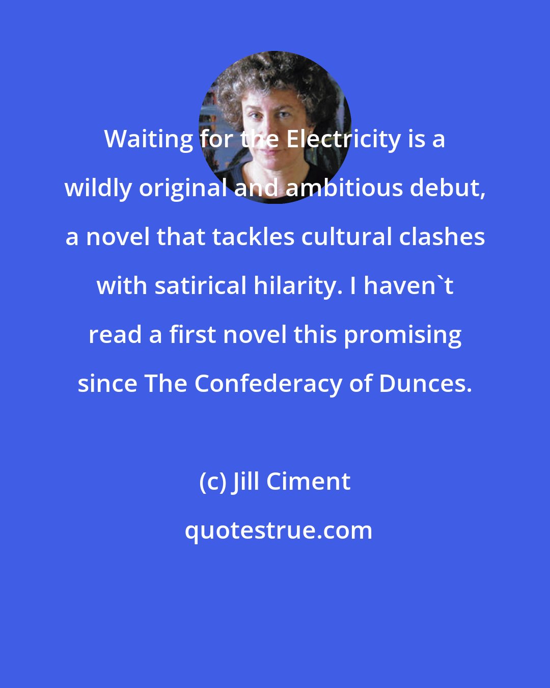 Jill Ciment: Waiting for the Electricity is a wildly original and ambitious debut, a novel that tackles cultural clashes with satirical hilarity. I haven't read a first novel this promising since The Confederacy of Dunces.