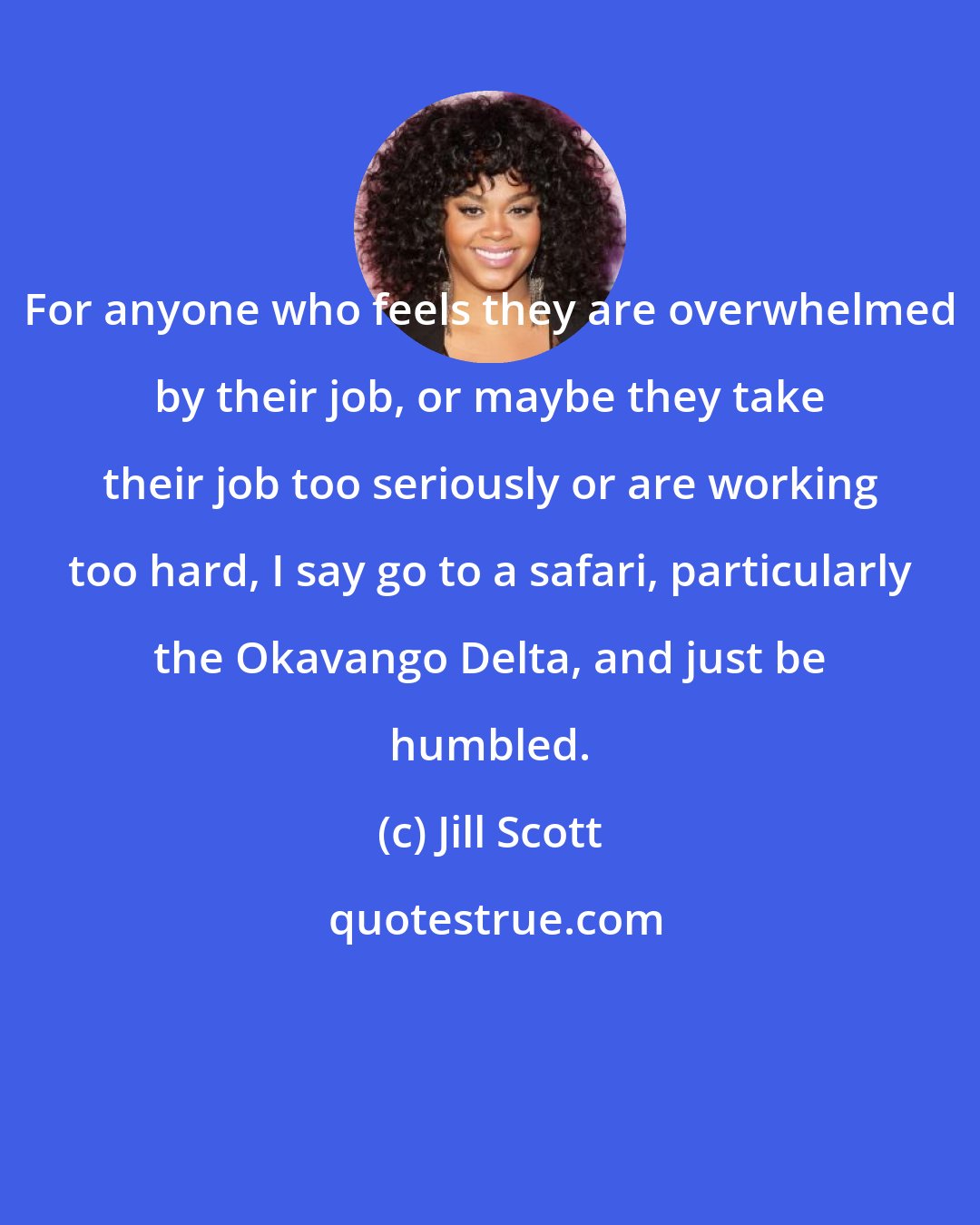 Jill Scott: For anyone who feels they are overwhelmed by their job, or maybe they take their job too seriously or are working too hard, I say go to a safari, particularly the Okavango Delta, and just be humbled.