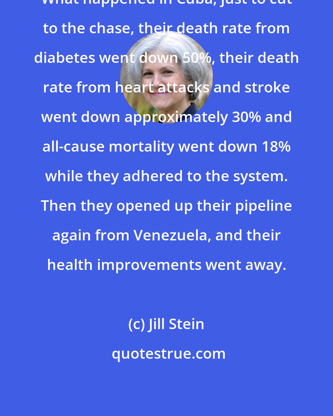 Jill Stein: What happened in Cuba, just to cut to the chase, their death rate from diabetes went down 50%, their death rate from heart attacks and stroke went down approximately 30% and all-cause mortality went down 18% while they adhered to the system. Then they opened up their pipeline again from Venezuela, and their health improvements went away.