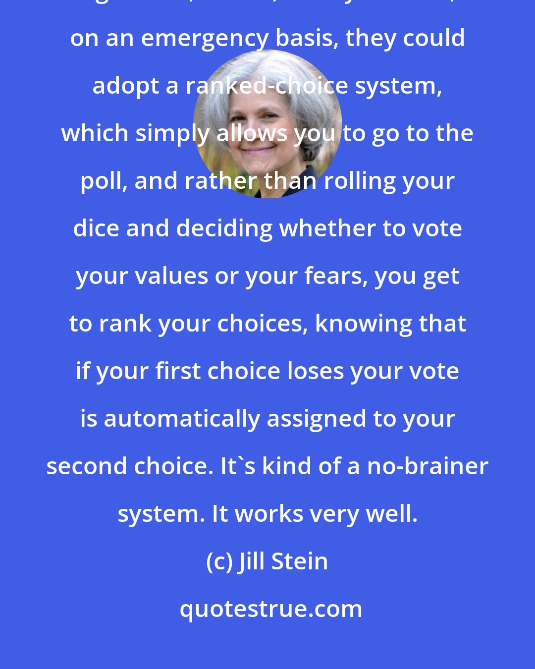 Jill Stein: The states have the authority to change this voting system for president, right now, in fact, if they wanted, on an emergency basis, they could adopt a ranked-choice system, which simply allows you to go to the poll, and rather than rolling your dice and deciding whether to vote your values or your fears, you get to rank your choices, knowing that if your first choice loses your vote is automatically assigned to your second choice. It's kind of a no-brainer system. It works very well.