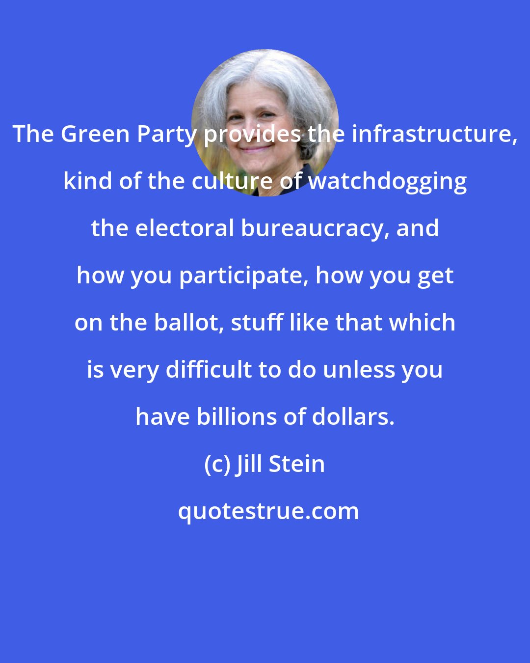 Jill Stein: The Green Party provides the infrastructure, kind of the culture of watchdogging the electoral bureaucracy, and how you participate, how you get on the ballot, stuff like that which is very difficult to do unless you have billions of dollars.