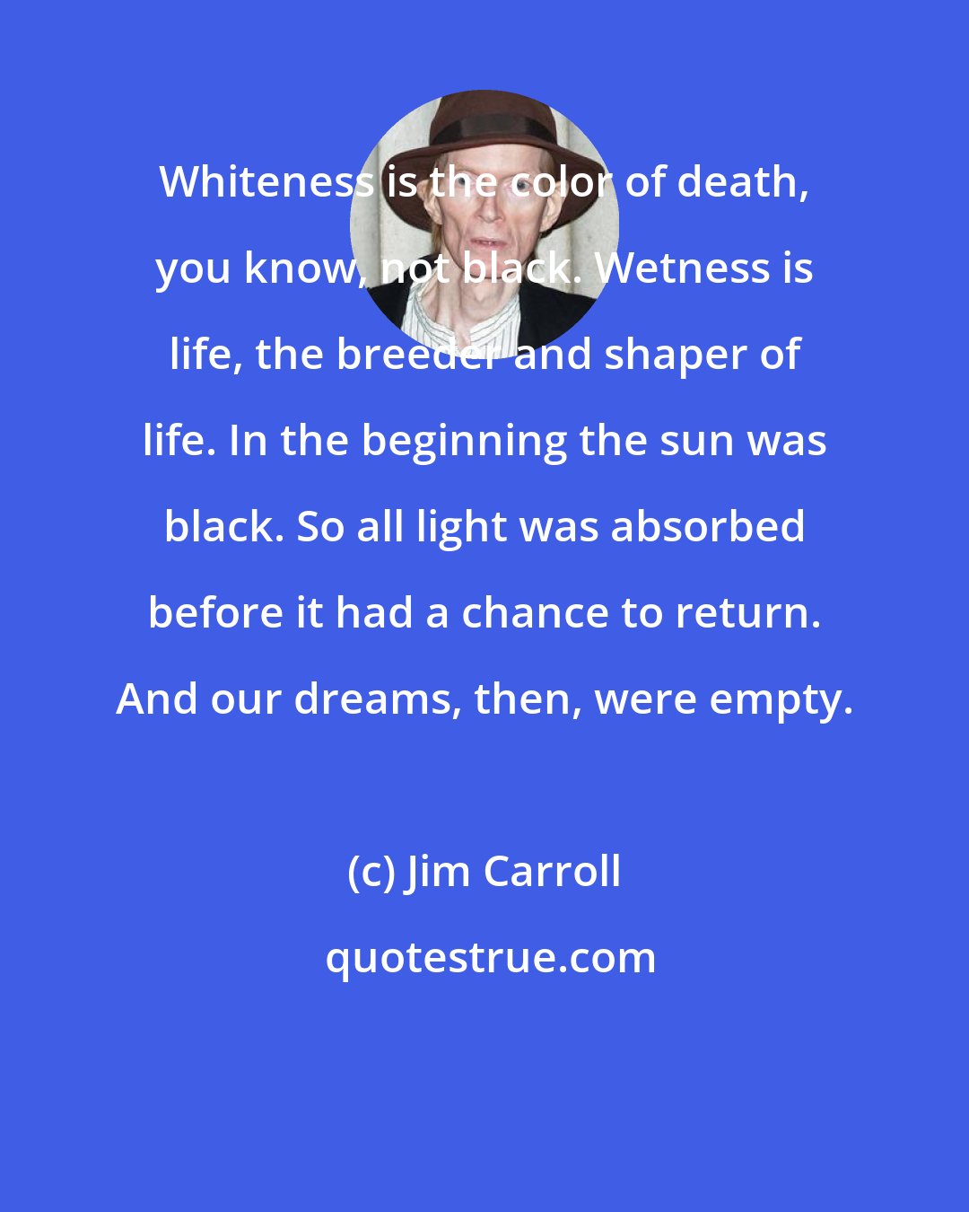 Jim Carroll: Whiteness is the color of death, you know, not black. Wetness is life, the breeder and shaper of life. In the beginning the sun was black. So all light was absorbed before it had a chance to return. And our dreams, then, were empty.